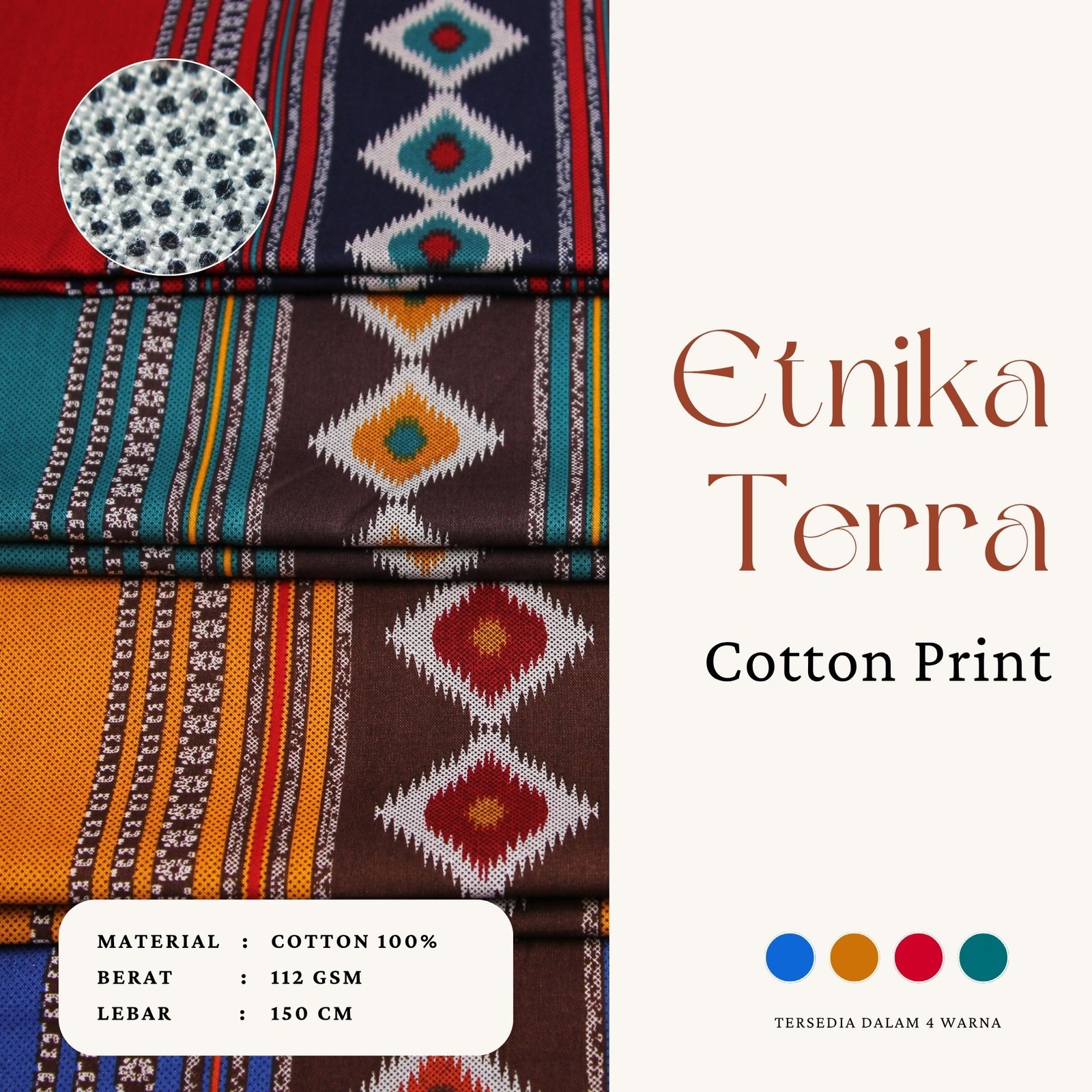 Kain Etnikan Terra Cotton Print Dua Sisi Bahan Katun Tradisional Gamis Tunik Rok